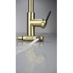 Deante bateria Momi złoto szczotkowana z prostokątną wyciąganą wylewką