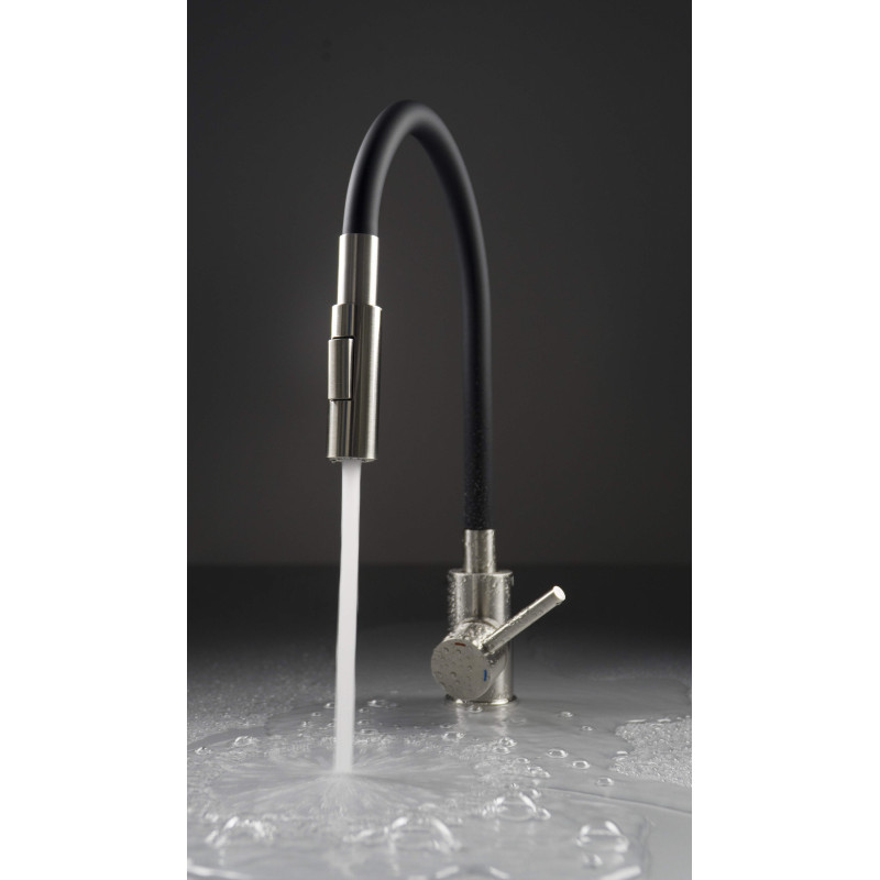 Deante bateria Luno stal szczotkowana/czarna zlewozmywakowa z giętą wylewką z słuchawką 2-funkcyjną