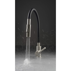 Deante bateria Luno stal szczotkowana/czarna zlewozmywakowa z giętą wylewką z słuchawką 2-funkcyjną