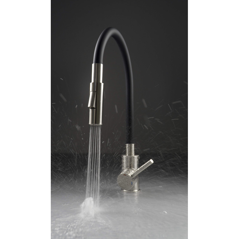 Deante bateria Luno stal szczotkowana/czarna zlewozmywakowa z giętą wylewką z słuchawką 2-funkcyjną