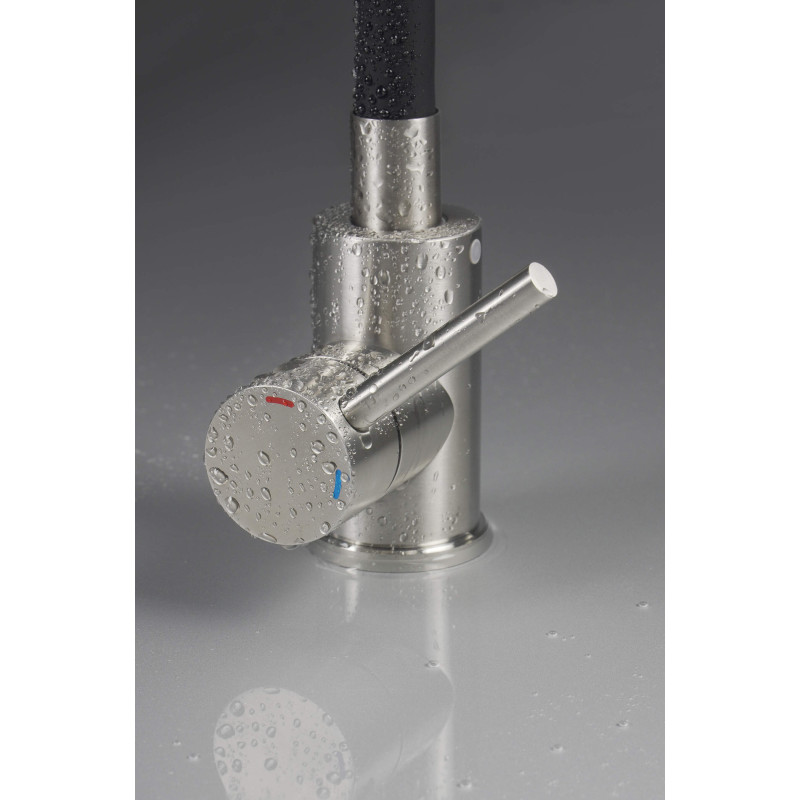 Deante bateria Luno stal szczotkowana/czarna zlewozmywakowa z giętą wylewką z słuchawką 2-funkcyjną