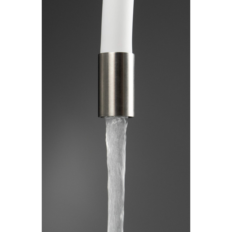 Deante bateria Luno stal szczotkowana/biała zlewozmywakowa z giętą wylewką