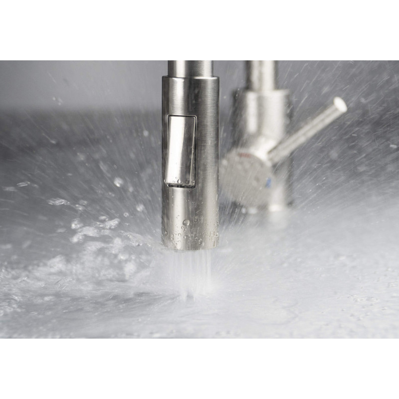 Deante bateria Luno stal sczotkowana/biała zlewozmywakowa z giętą wylewką z słuchawką 2-funkcyjną