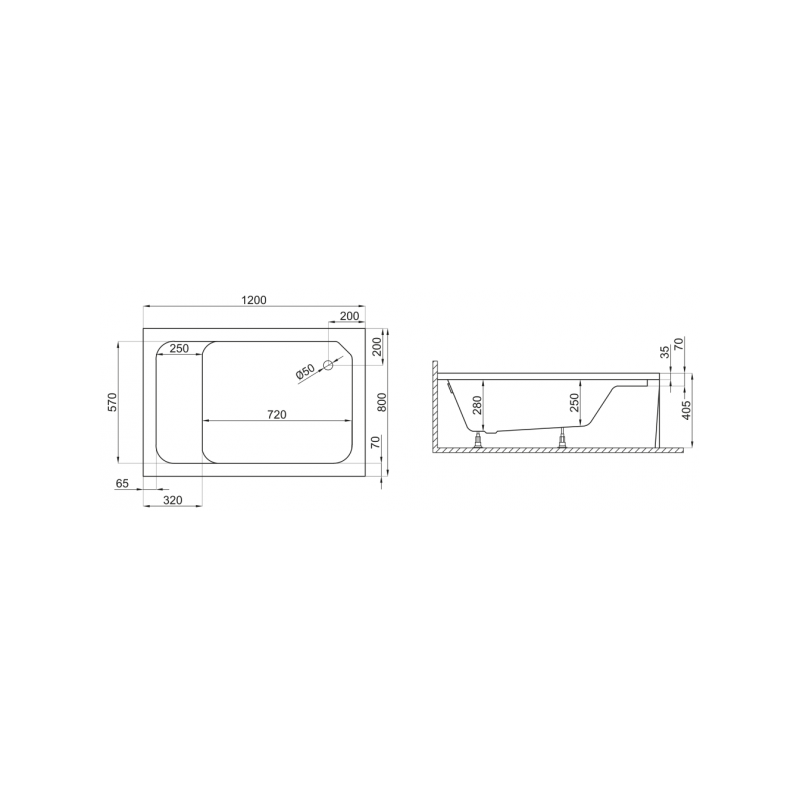 Polimat brodzik prostokątny Roni 120x80 z białą obudową i syfonem