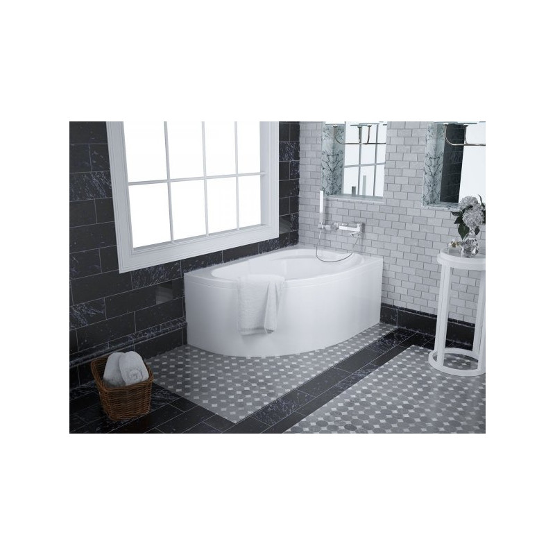 Polimat wanna asymetryczna Standard prawa 130x85 z białą obudową, parawanem, syfonem i nóżkami