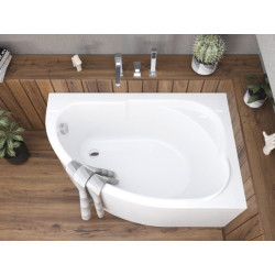 Polimat wanna asymetryczna Standard prawa 130x85 z białą obudową, parawanem, syfonem i nóżkami