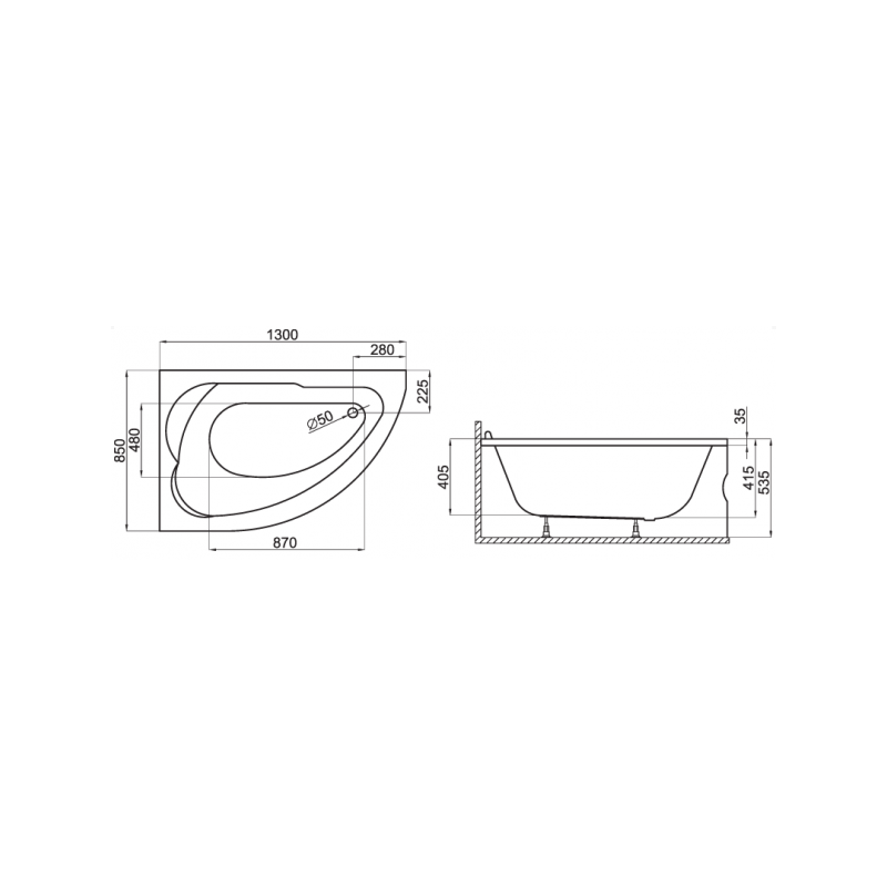 Wanna asymetryczna Standard lewa 130x85 z białą obudową, parawanem, syfonem i nóżkami