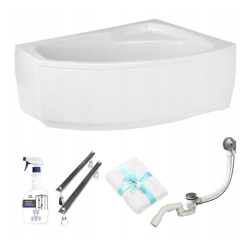 Polimat wanna asymetryczna Frida prawa 140x90 z białą obudową, syfonem i nóżkami