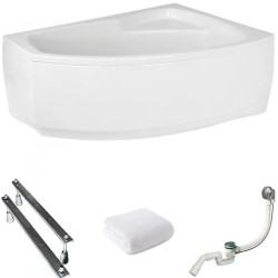 Polimat wanna asymetryczna Frida prawa 150x100 z białą obudową, syfonem i nozkami