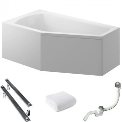 Polimat wanna asymetryczna Selena lewa 160x90 z białą obudową, syfonem i nóżkami