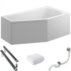 Polimat wanna asymetryczna Selena lewa 160x90 z białą obudową, syfonem i nóżkami