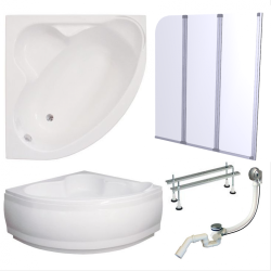 Polimat wanna symetryczna Standard 130x130 z białą obudową, parawanem, syfonem i nóżkami