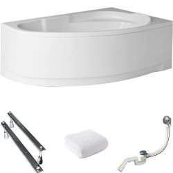 Polimat wanna asymetryczna Marea prawa 160x100 z białą obudową, syfonem i nóżkami