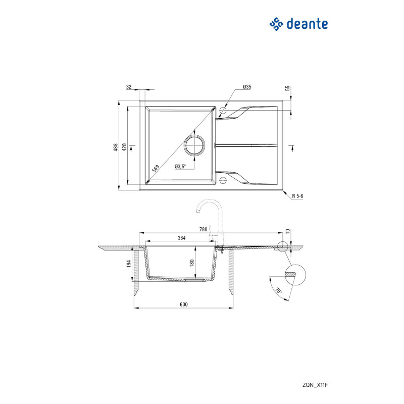 Deante zlewozmywak Andante flush antracyt metalik gran 1k z/o 780x490x194