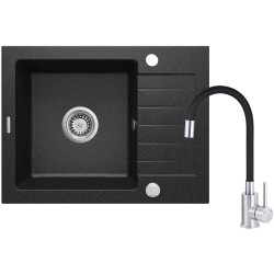 Deante zlewozmywak granitowy grafit + bateria z wylewką elastyczną stal-czarna