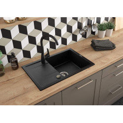 Deante zlewozmywak Corio grafit granit 1k z/o 670x440x175, 3,5 + bateria z wylewką u nero + zaślepka otworu