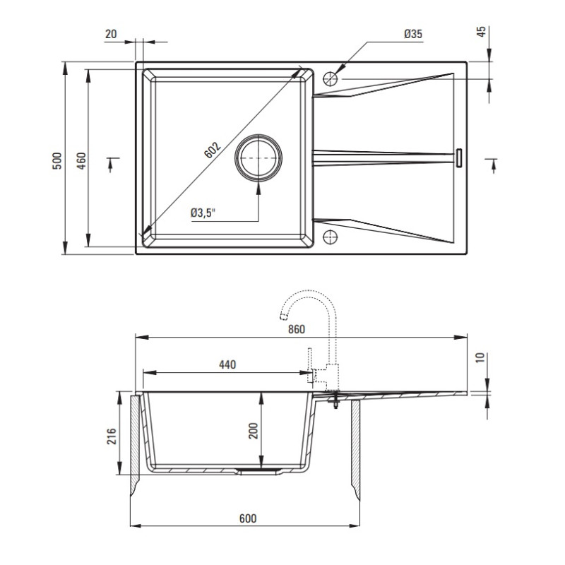 Deante zlewozmywak Corio szary metalik granit 1k z/o 860x500x216, 3,5 + zaślepka otworu