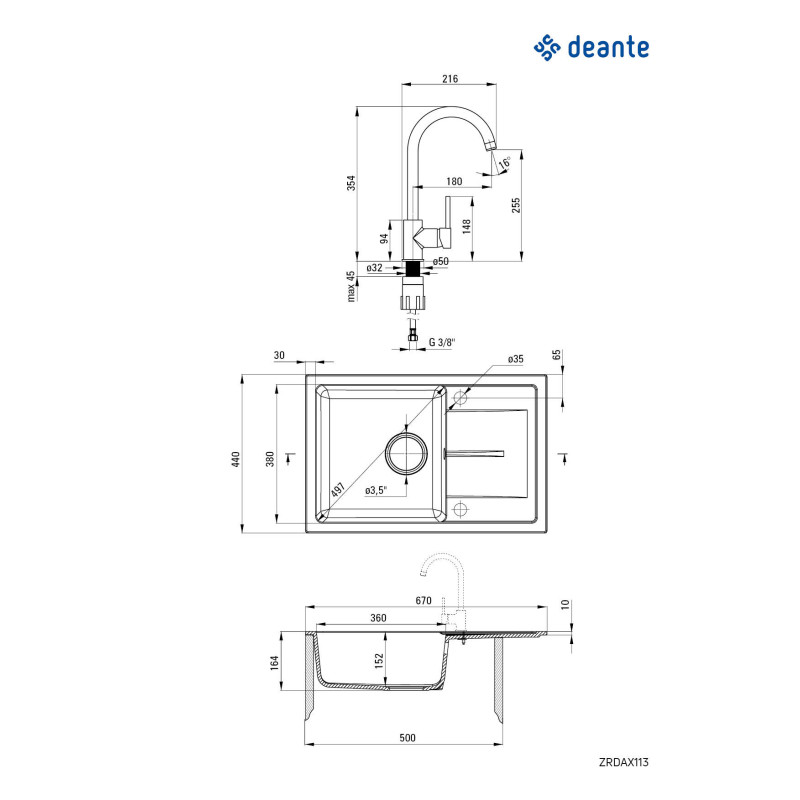 Deante set: zlewozmywak Leda granitowy zrd 2113 grafit + bateria z wylewką u ben 262m grafit