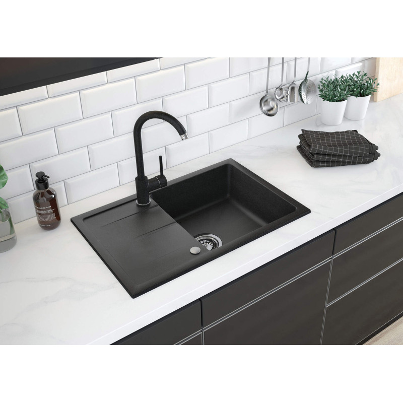Deante set: zlewozmywak Leda granitowy zrd 2113 grafit + bateria z elastyczną wylewką nero