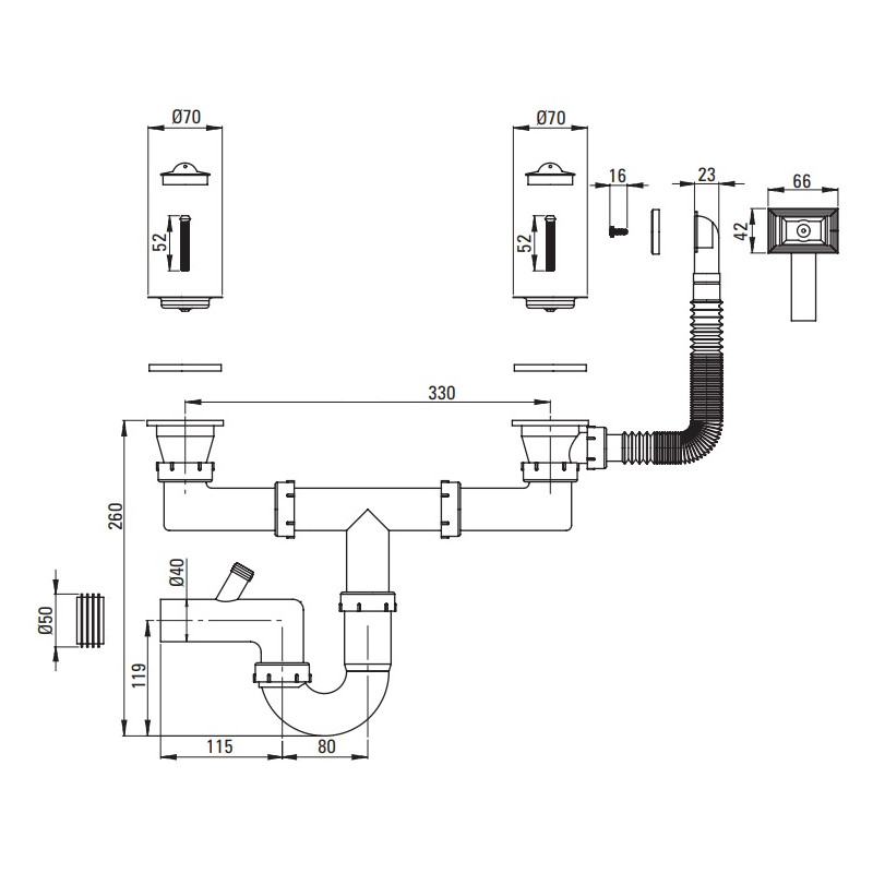 Deante osprzęt do zlewozmywaków stalowych 2-kom,  z przelewem w komorze