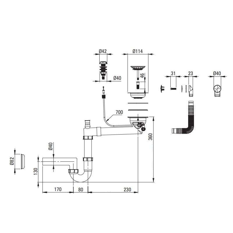 Deante osprzęt do zlewozmywaków granitowych space-saver 1-kom 3,5 z korkiem automatycznym