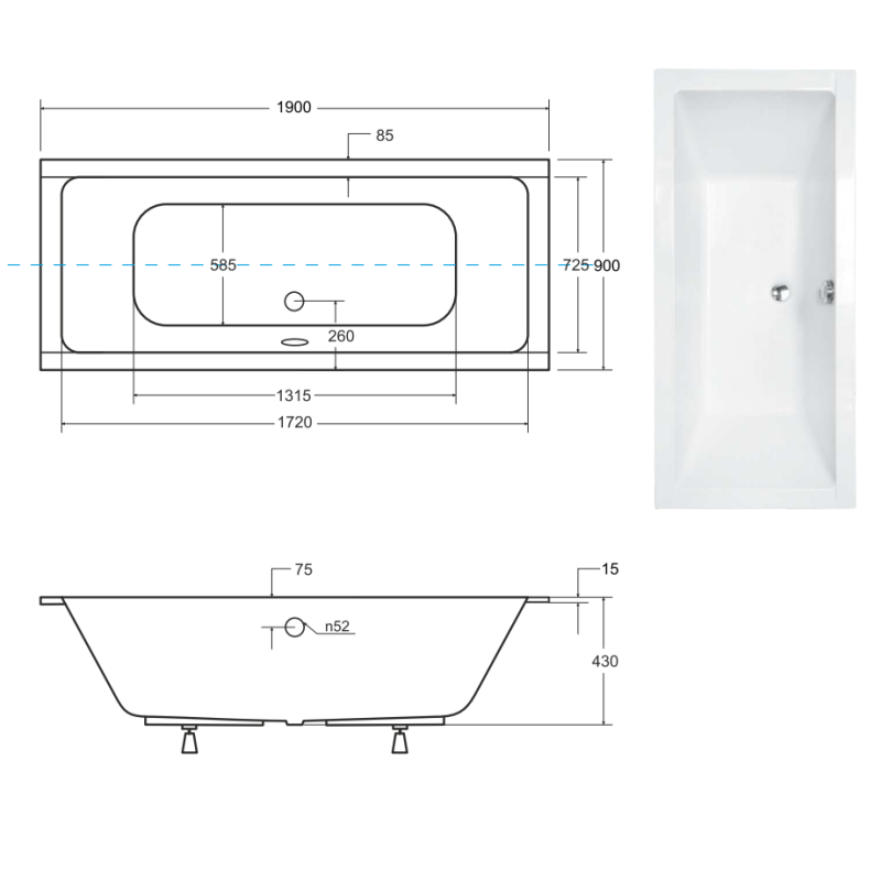 Besco wanna prostokątna Quadro Slim 190x90 z syfonem chrom oraz stelażem