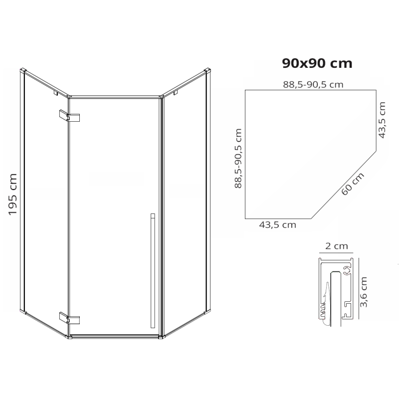 Rea kabina bez brodzika 90x90x195, szkło: transparent Diamond black