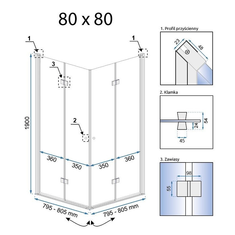 Rea kabina prysznicowa 90x90x190 bez brodzika - szkło transparent Fold N2 chrom