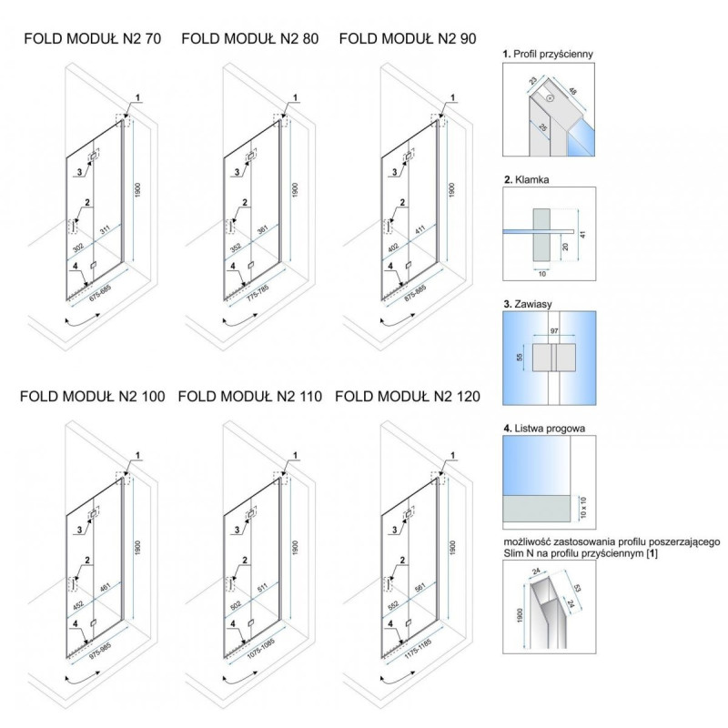 Rea kabina prysznciowa kwadratowa Fold N2 chrom 90x90