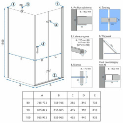 Rea ścianka stała do kabin molier chrom 90x190 Molier chrom