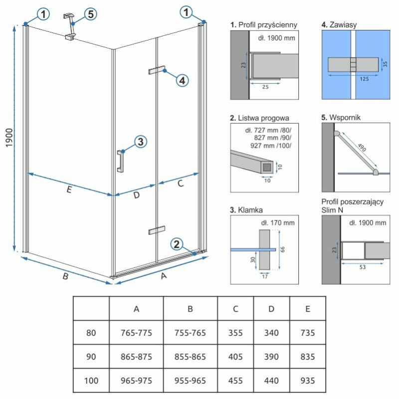 Rea ścianka stała do kabin molier chrom 90x190 Molier chrom
