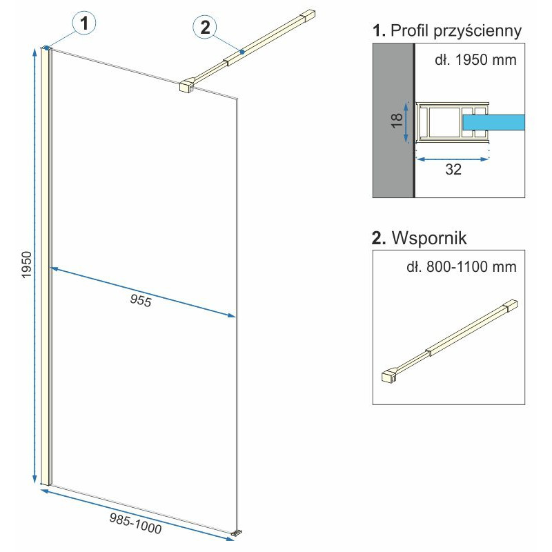 Rea ścianka prysznicowa 80x195 Aero gold