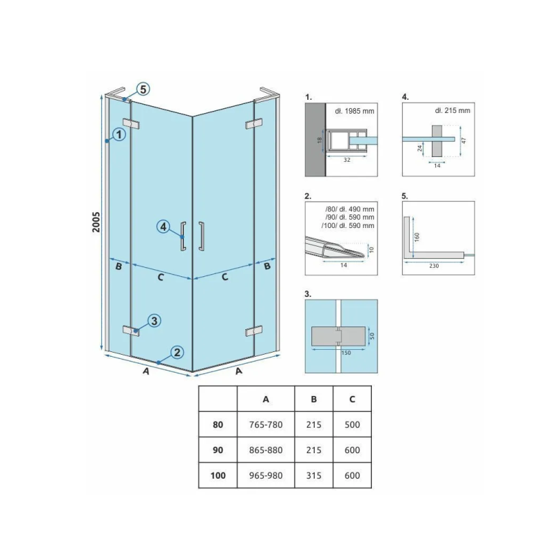 Rea kabina hugo gold brush 100x100x200/drzwi 100 + drzwi 100/ Hugo gold Brush