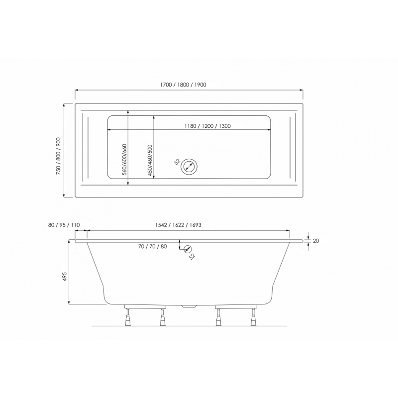 AQUA for you wanna prostokątna Kronos SLIM 170x75 z syfonem i nogami - wzmacniane ranty