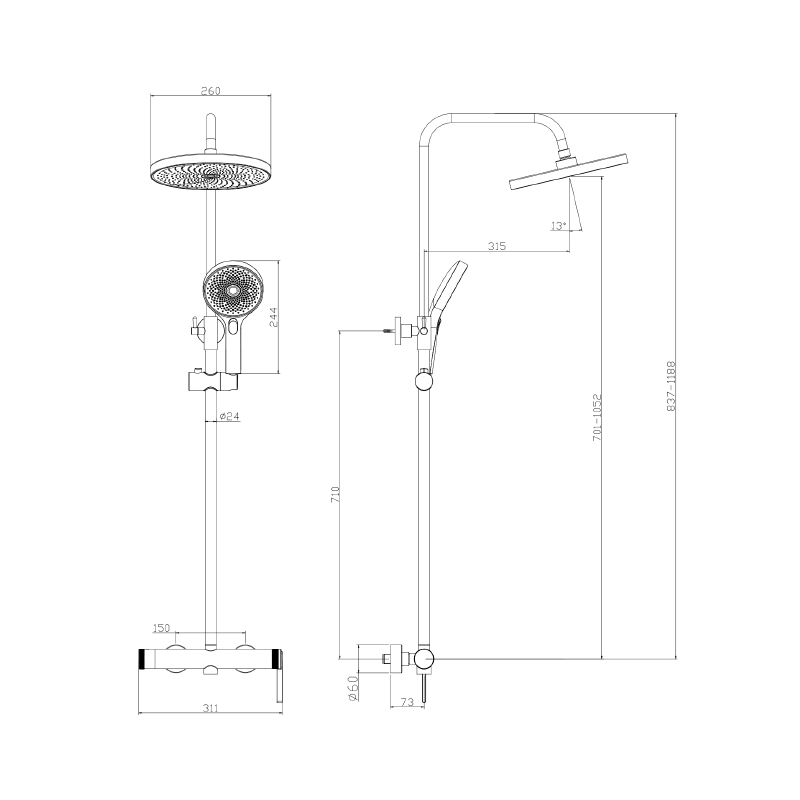Deszczownica z baterią prysznicową dwufunkcyjną stal szczotkowana AUREVO AVAPAX ADAU621221