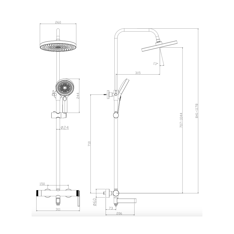 Deszczownica z baterią prysznicowo wannową trzyfunkcyjną stal szczotkowana AUREVO AVAPAX ADAU6312H1