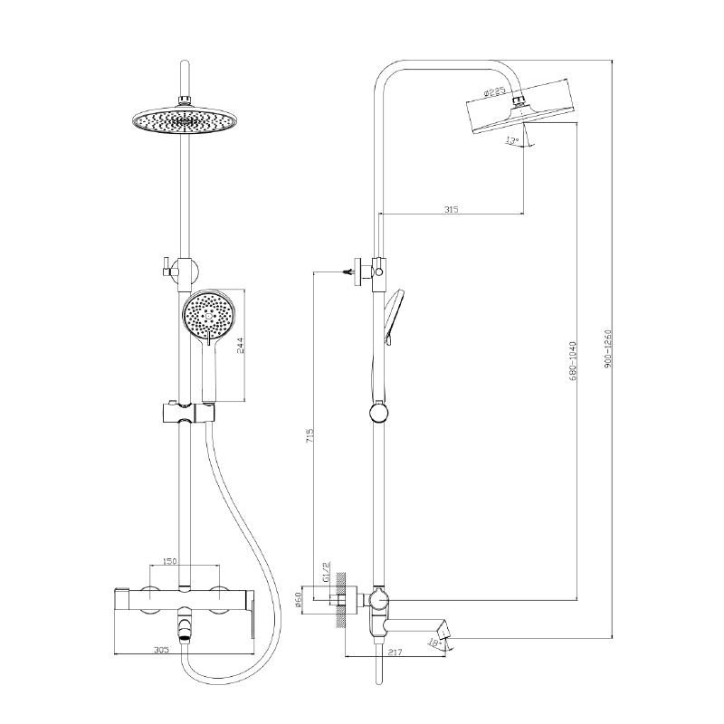 Deszczownica z baterią prysznicowo wannową trzyfunkcyjną stal szczotkowana LUNEPO AVAPAX ADLU6313H1