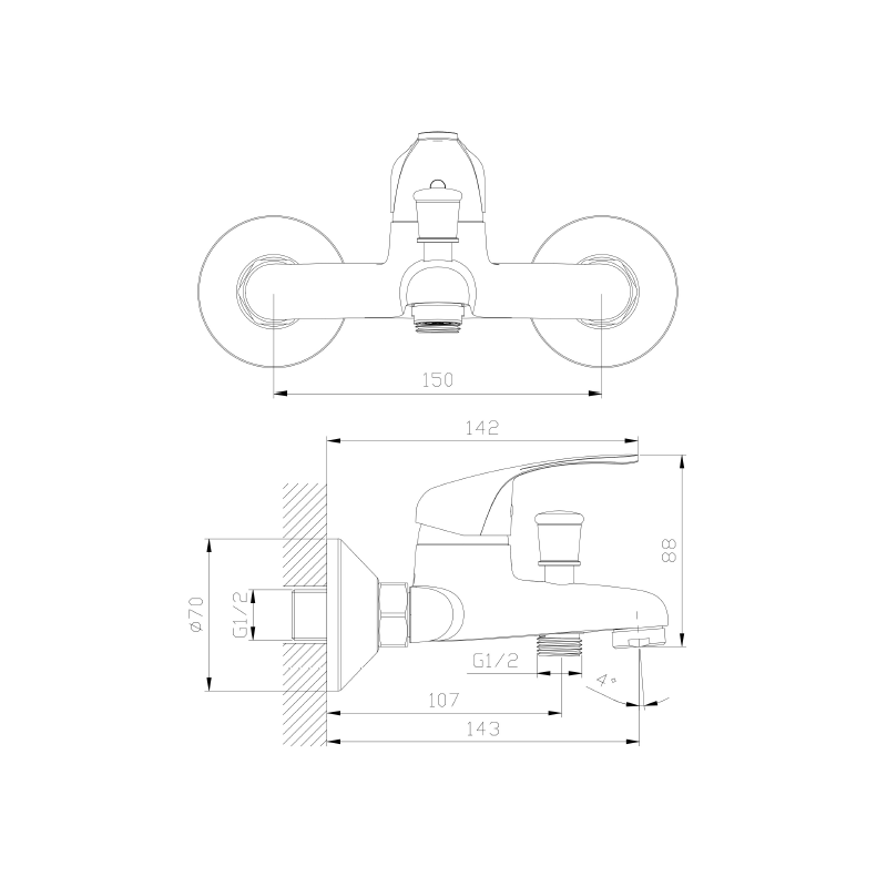 Bateria wannowa ścienna z przełącznikiem natrysku chrom połysk TARO AVAPAX ABTA211111