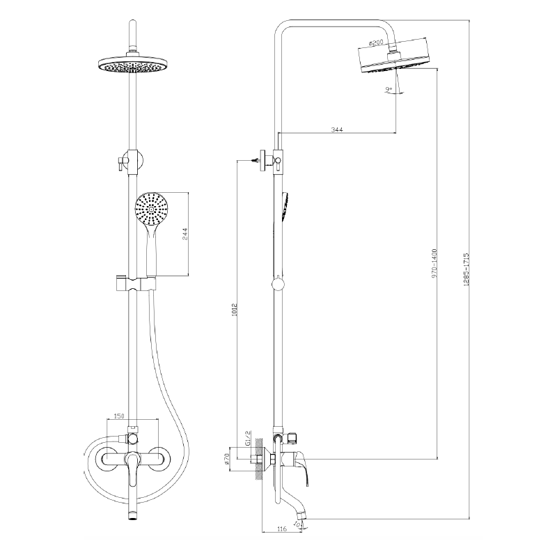 Deszczownica z baterią prysznicowo wannową trzyfunkcyjną stal szczotkowana TARO AVAPAX ADTA6311C1