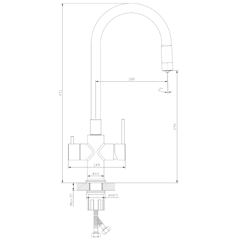 Bateria kuchenna stojąca z elastyczną wylewką i podłączeniem do filtra wody chrom połysk DAPUR AVAPAX ABDA7517F2