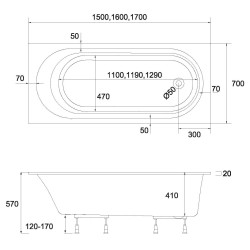 For You wanna prostokątna Kronos Oval 170x70 ze styropianową obudową LED, octem gospodarczym, czarnym syfonem i nóżkami