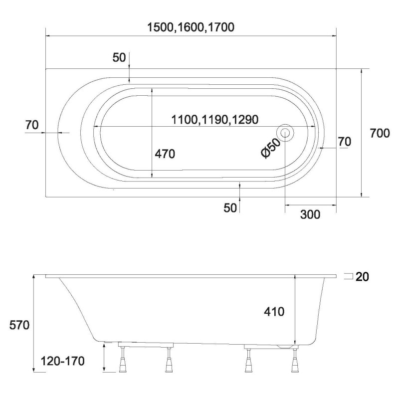 For You wanna prostokątna Kronos Oval 150x70 ze styropianową obudową LED, octem gospodarczym, złotym syfonem i nóżkami