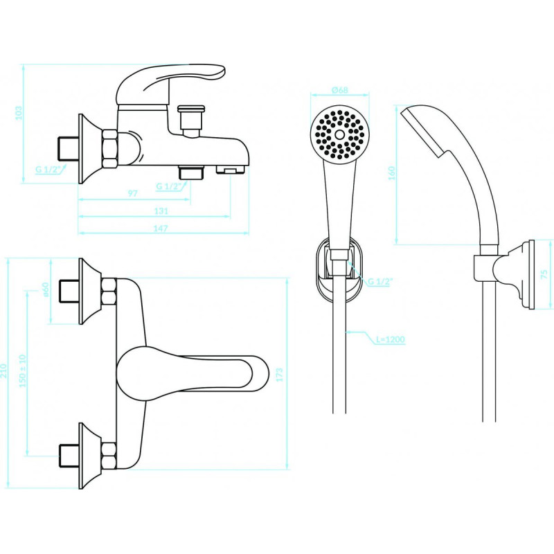 Kuchinox bateria wannowa ścienna chromowana Pedro z octem gospodarczym