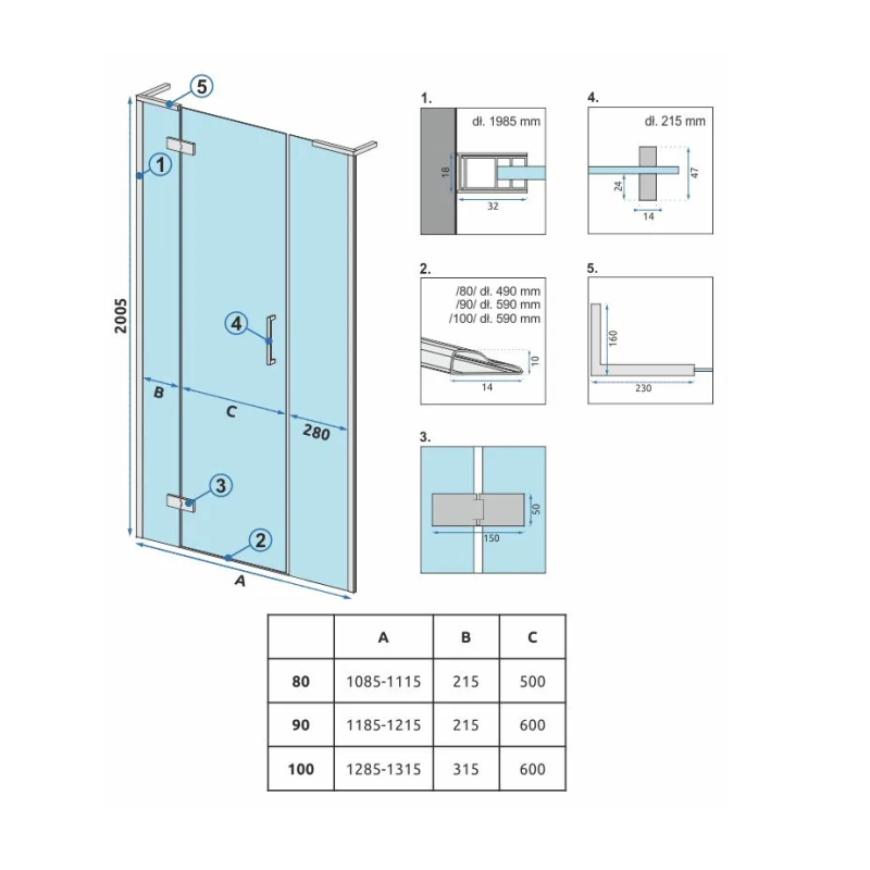 Rea drzwi prysznicowe Hugo Gold Brush złoto szczotkowane 90cm z listwą magnetyczną