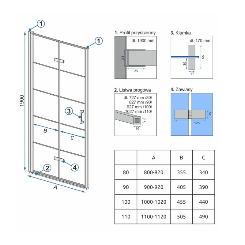 Rea drzwi prysznicowe Molier Black czarne 80cm z listwą magnetyczną