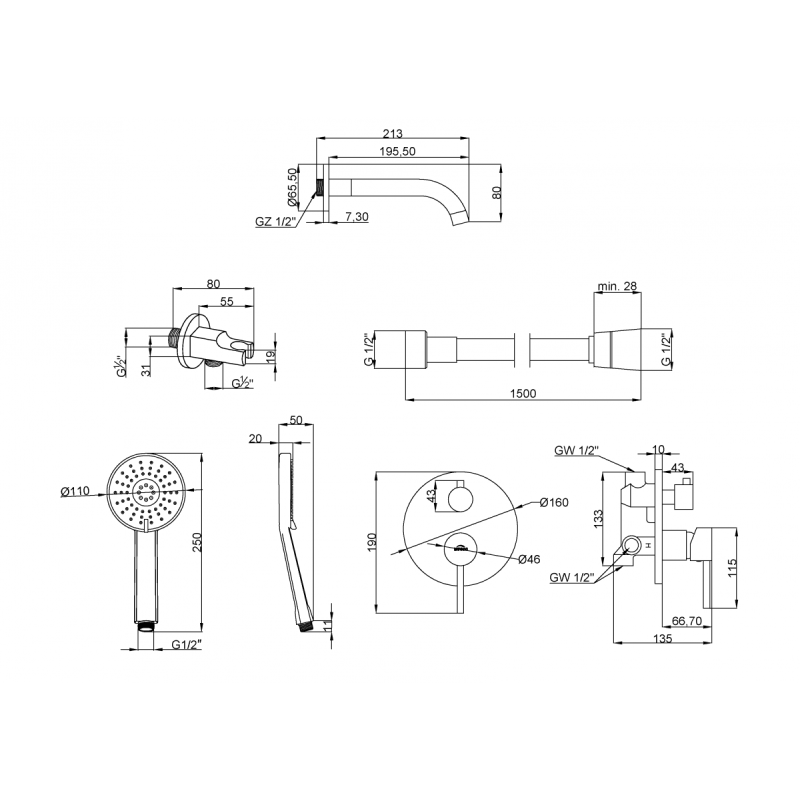 Invena Dafni zestaw wannowy podtynkowy z baterią 2-funkcyjną czarny