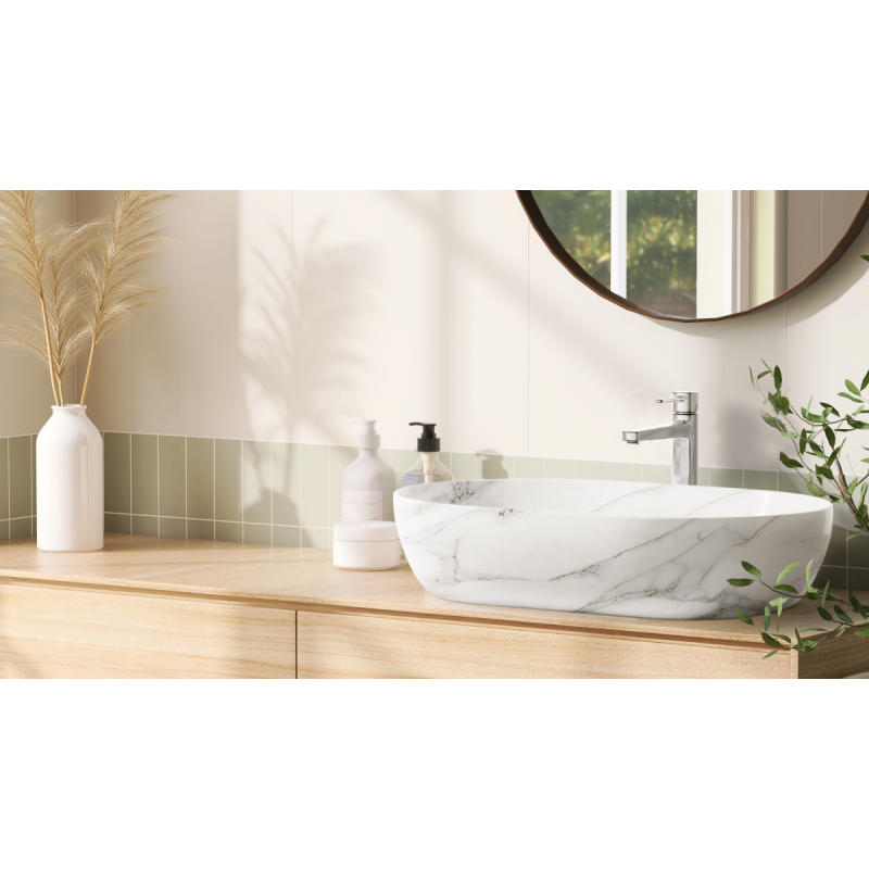 Invena Korfu umywalka nablatowa 60 cm owalna efekt marmuru biała