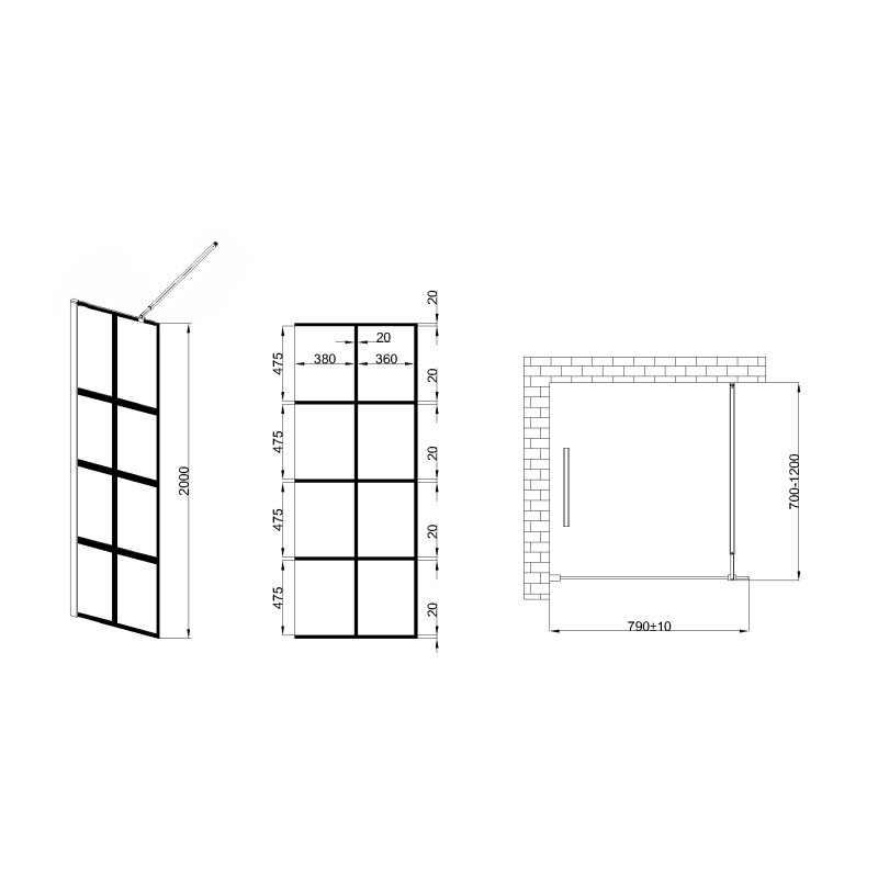 Invena ścianka walk-in ii 80x200cm loft kratka 8mm shiny-glass czarna