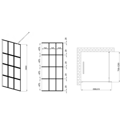 Invena ścianka walk-in ii 90x200cm loft kratka 8mm shiny-glass czarna