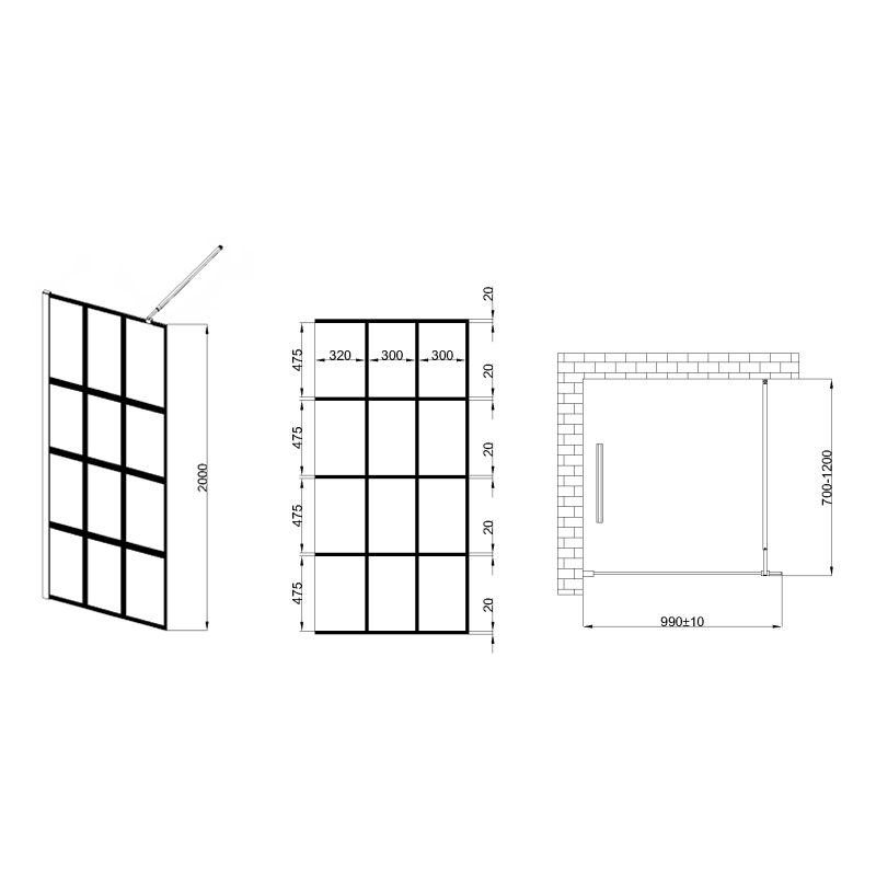Invena ścianka walk-in ii 100x200cm loft kratka 8mm shiny-glass czarna
